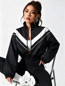 Slayform Women's Spring/Autumn Colorblock Zip-Up Sports Jacket With Drawstring Hem And Cuffed Sleeves, Suitable For Sports, Outdoor And Daily Wear - Black - View 3