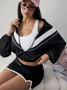 Slayform Women's Spring/Autumn Colorblock Zip-Up Sports Jacket With Drawstring Hem And Cuffed Sleeves, Suitable For Sports, Outdoor And Daily Wear - Black - View 5