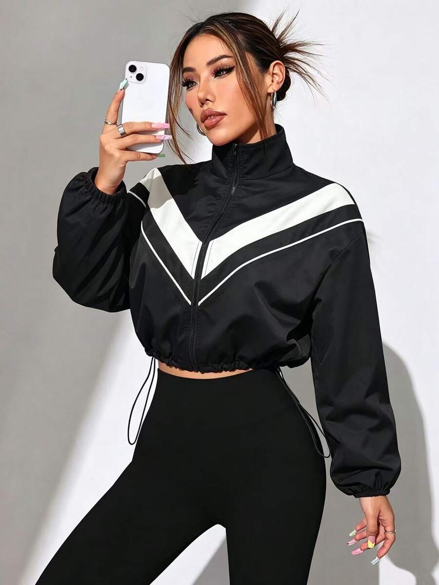 Slayform Women's Spring/Autumn Colorblock Zip-Up Sports Jacket With Drawstring Hem And Cuffed Sleeves, Suitable For Sports, Outdoor And Daily Wear - Black - View 1