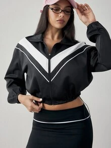 Slayform Women's Spring/Autumn Colorblock Zip-Up Sports Jacket With Drawstring Hem And Cuffed Sleeves, Suitable For Sports, Outdoor And Daily Wear - Black - View 6