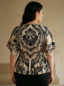 Anewsta 春夏新款優雅時尚休閒女款上衣，適合外出度假、節慶約會派對，紋理印花抓皺落肩大尺碼上衣 - 卡其色 - 查看 8
