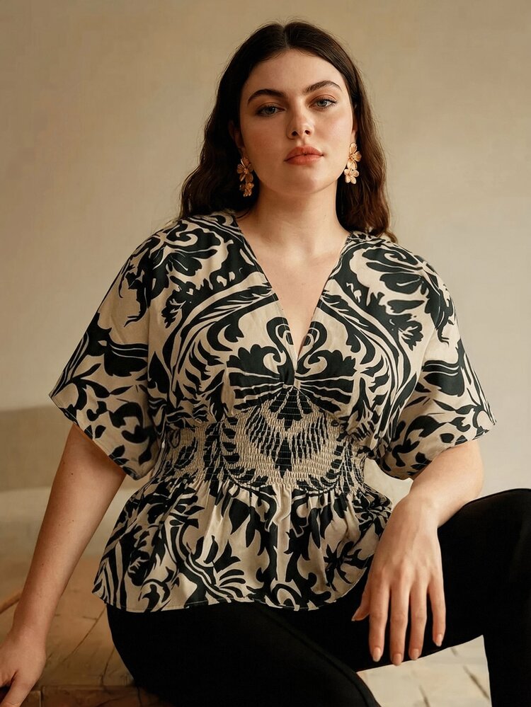 Anewsta Vår/sommar ny elegant mode casual utflykt semester festival dejt fest semester texturerat tryck rynkat axelfall plus size damtopp - Kaki - Visa 6