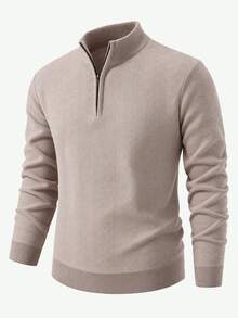 Manfinity Homme Sweater Rajut Setengah Resleting Motif Tekstur Pria Gaya Klasik, Pullover Lengan Panjang, Gaya Unisex Musim Gugur/Dingin, Pakaian Pasangan, Hadiah Liburan Terbaik - Krem - View 1