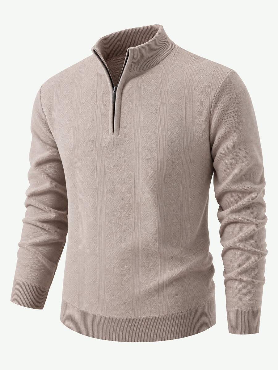 Manfinity Homme Sweater Rajut Setengah Resleting Motif Tekstur Pria Gaya Klasik, Pullover Lengan Panjang, Gaya Unisex Musim Gugur/Dingin, Pakaian Pasangan, Hadiah Liburan Terbaik - Krem - View 1