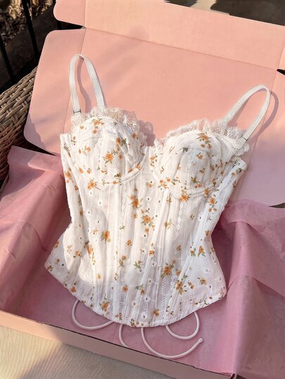 Comfortcana Women's Contrast Lace Ditsy Floral Shaping Camisole Top