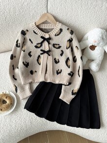SHEIN 青少年女孩豹紋蝴蝶結圓領套頭毛衣與裙子兩件套，柔軟甜美優雅簡約穿搭，適合秋冬旅行、外出、派對、戶外玩耍、野餐 - 彩色 - 查看 8