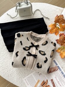 SHEIN 青少年女孩豹紋蝴蝶結圓領套頭毛衣與裙子兩件套，柔軟甜美優雅簡約穿搭，適合秋冬旅行、外出、派對、戶外玩耍、野餐 - 彩色 - 查看 7