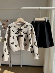 SHEIN 青少年女孩豹紋蝴蝶結圓領套頭毛衣與裙子兩件套，柔軟甜美優雅簡約穿搭，適合秋冬旅行、外出、派對、戶外玩耍、野餐 - 彩色 - 查看 3