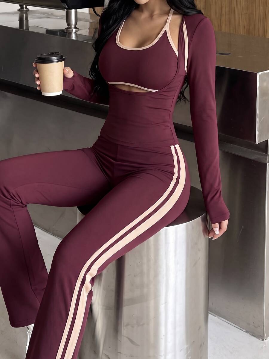 Muchica Women's Contrast Trim Halter Neck 2 In 1 Long Sleeve Fitted Top And Contrast Striped Side Pants Sports Set - Brown - View 1
