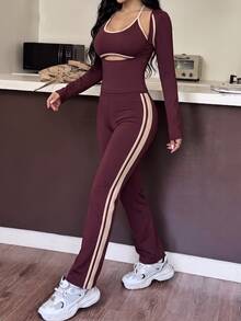 Muchica Women's Contrast Trim Halter Neck 2 In 1 Long Sleeve Fitted Top And Contrast Striped Side Pants Sports Set - Brown - View 3