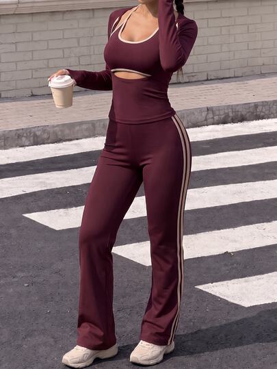 Muchica Women's Contrast Trim Halter Neck 2 In 1 Long Sleeve Fitted Top And Contrast Striped Side Pants Sports Set