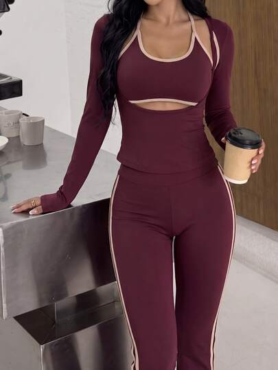 Muchica Women's Contrast Trim Halter Neck 2 In 1 Long Sleeve Fitted Top And Contrast Striped Side Pants Sports Set