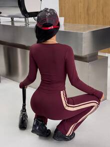 Muchica Women's Contrast Trim Halter Neck 2 In 1 Long Sleeve Fitted Top And Contrast Striped Side Pants Sports Set - Brown - View 2