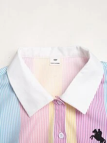 SHEIN فستان كاجوال للفتيات المراهقات بطبعة فارس مخططة وأزرار نصفية وأكمام طويلة للعودة إلى المدرسة - متعدد الألوان - مشاهدة 6