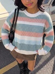 Girls' Sweet & Gentle Knit Sweater, Suitable For Spring, Summer, Autumn, Back To School, Casual, Home, Outing, Party, Street - Multicolor - View 8