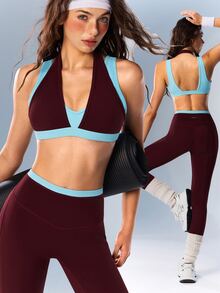 VARSIVA Women's Colorblock Halter Top And Leggings Casual Daily Sports Set - Multicolor - View 2