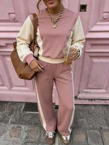 SHEIN LUNE Women's Fall Winter 2‑Piece Outfit, Casual Versatile Color‑Block College Style Round Neck Long‑Sleev - Multicolor - View 7