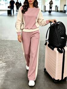 SHEIN LUNE Women's Fall Winter 2‑Piece Outfit, Casual Versatile Color‑Block College Style Round Neck Long‑Sleev - Multicolor - View 4