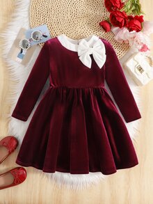SHEIN 女童聖誕公主毛絨洋裝 紅色可愛圓領拼接毛絨布料 A字裙 腰線對比色蝴蝶結 秋冬款 - 紅色 - 查看 2
