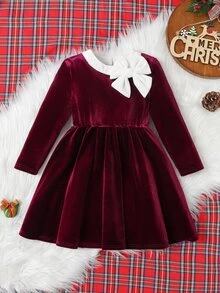 SHEIN 女童聖誕公主毛絨洋裝 紅色可愛圓領拼接毛絨布料 A字裙 腰線對比色蝴蝶結 秋冬款 - 紅色 - 查看 7