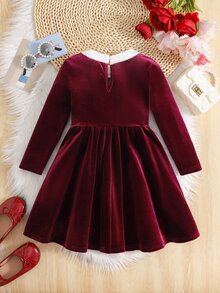 SHEIN 女童聖誕公主毛絨洋裝 紅色可愛圓領拼接毛絨布料 A字裙 腰線對比色蝴蝶結 秋冬款 - 紅色 - 查看 3