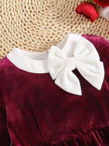 SHEIN 女童聖誕公主毛絨洋裝 紅色可愛圓領拼接毛絨布料 A字裙 腰線對比色蝴蝶結 秋冬款 - 紅色 - 查看 4