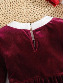 SHEIN 女童聖誕公主毛絨洋裝 紅色可愛圓領拼接毛絨布料 A字裙 腰線對比色蝴蝶結 秋冬款 - 紅色 - 查看 5