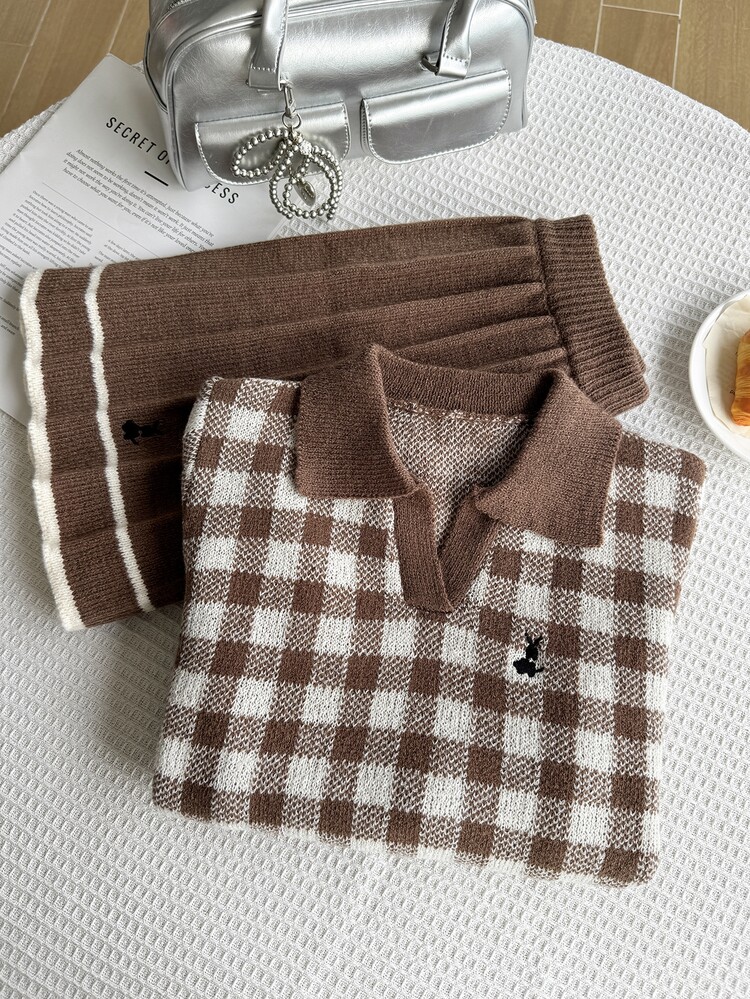 SHEIN Tween Girl Brown Plaid Knit Sweater And Pleated Skirt Set, Soft Cozy School-Style Outfit, Two Pieces For Girls, Soft Comfortable, Cozy Autumn And Wint - Brown - View 7