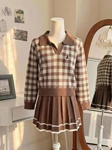 SHEIN 少女棕色格紋針織毛衣與百褶裙套裝，柔軟舒適校園風兩件式女童套裝，適合秋冬穿著 - 棕色 - 查看 9