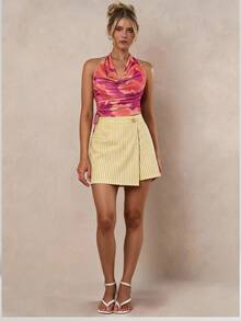 BELROSIE Tie Dye Draped Front Drawstring Side Halter Top - Multicolor - View 2