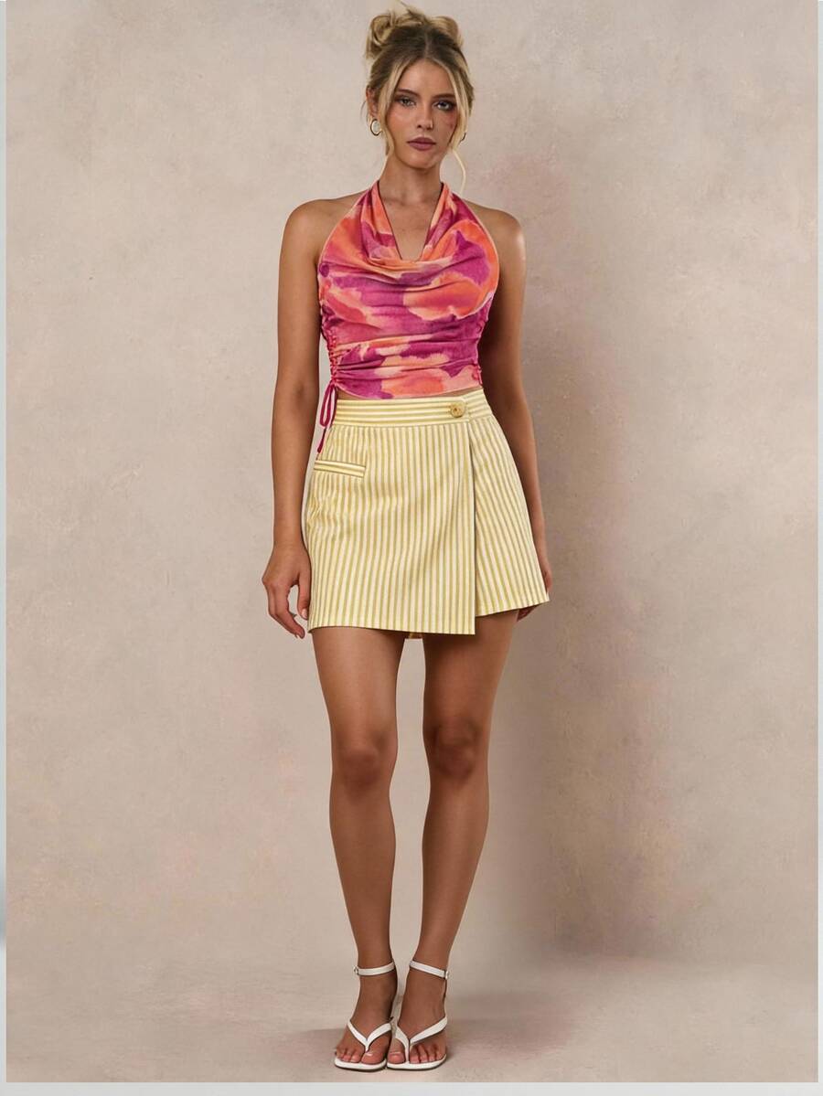 BELROSIE Tie Dye Draped Front Drawstring Side Halter Top