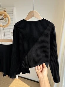 SHEIN 青少年女孩針織套裝：蝴蝶結長袖開襟衫搭配黑色百褶裙 - 黑色 - 查看 2