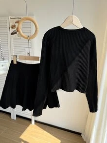 SHEIN 青少年女孩針織套裝：蝴蝶結長袖開襟衫搭配黑色百褶裙 - 黑色 - 查看 6