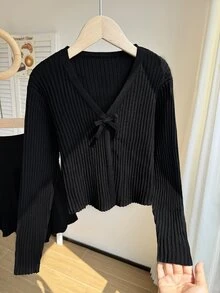 SHEIN 青少年女孩針織套裝：蝴蝶結長袖開襟衫搭配黑色百褶裙 - 黑色 - 查看 5
