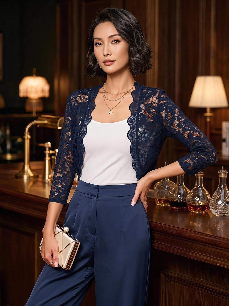 SHEIN Clasi 女款薄蕾絲外套,海軍藍,秋季情人節穿搭/派對約會之夜優雅風 - 藏蓝色 - 查看 1