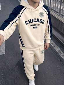 青少年男孩休閒極簡長袖連帽舒適運動衫2件套，適合秋冬，經典帥氣冷色調拼色圖案印花，經典旅行城市名稱California文字圖案印花，適合返校季 - 彩色 - 查看 2