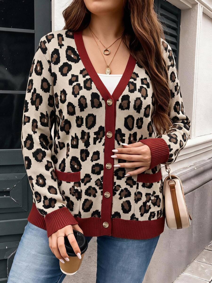 SHEIN LUNE Plus Beige Pattern Contrast Trim Cardigan Autumn Office Formal Casual 1920 Vintage