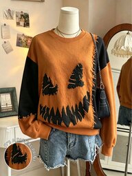 Lalippa เสื้อสเวตเชิ้ตสตรีทแวร์ลำลองสไตล์กรันจ์สำหรับฤดูใบไม้ร่วงและฮาโลวีน ดีไซน์คัลเลอร์บล็อกต่อผ้า สีส้มกลางคืนและสีดำ