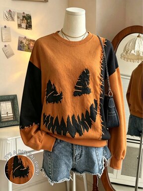 Lalippa เสื้อสเวตเชิ้ตสตรีทแวร์ลำลองสไตล์กรันจ์สำหรับฤดูใบไม้ร่วงและฮาโลวีน ดีไซน์คัลเลอร์บล็อกต่อผ้า สีส้มกลางคืนและสีดำ