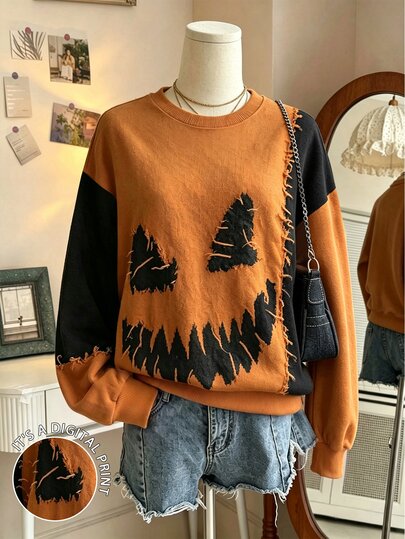 Lalippa Autumn Halloween Casual Grunge Streetwear Color Block Patchwork Sweatshirt Night Orange And Black