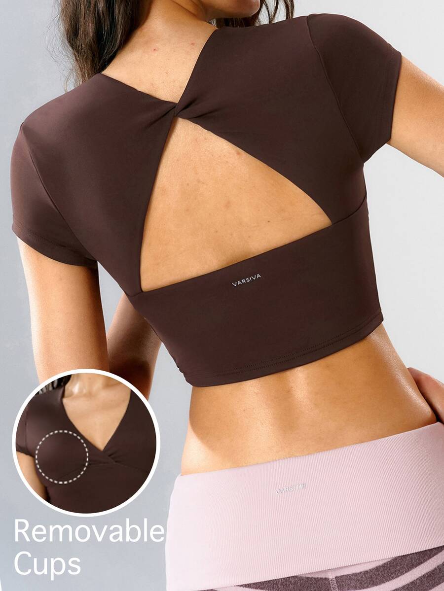VARSIVA Women's Solid Color Casual Daily Travel Sports Activewear Top T-Shirt - Coffee Brown - View 1