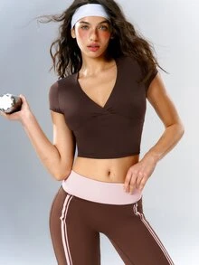 VARSIVA Women's Solid Color Casual Daily Travel Sports Activewear Top T-Shirt - Coffee Brown - View 5