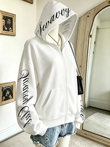 青少年女孩白色全拉鍊運動外套，帽兜與袖子字母印花，寬鬆大尺寸落肩版型，附袋鼠口袋，秋冬休閒街頭風上衣 - 白色 - 查看 1