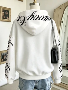 青少年女孩白色全拉鍊運動外套，帽兜與袖子字母印花，寬鬆大尺寸落肩版型，附袋鼠口袋，秋冬休閒街頭風上衣 - 白色 - 查看 2