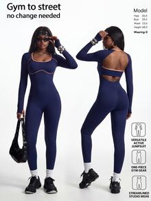 Innovista Innovista Women's Striped Colorblock Long Sleeve Sports Jumpsuit - Blue - View 3