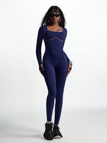 Innovista Innovista Women's Striped Colorblock Long Sleeve Sports Jumpsuit - Blue - View 12