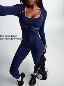 Innovista Innovista Women's Striped Colorblock Long Sleeve Sports Jumpsuit - Blue - View 4