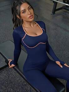 Innovista Innovista Women's Striped Colorblock Long Sleeve Sports Jumpsuit - Blue - View 2