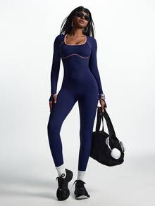 Innovista Innovista Women's Striped Colorblock Long Sleeve Sports Jumpsuit - Blue - View 14