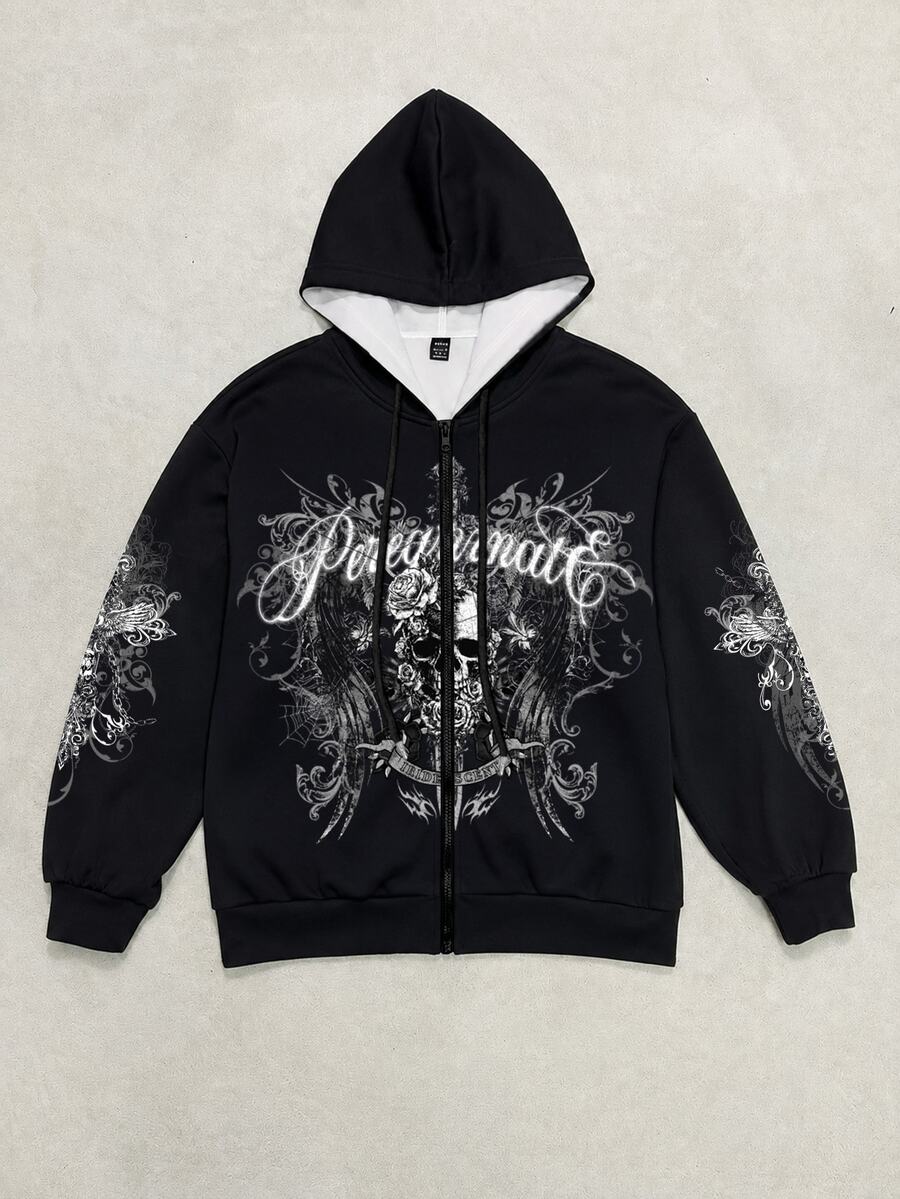 SHEIN EZwear Street Punk Black Full Print Women's Hooded Zip-Up Fleece Sweatshirt - Multicolor - View 1